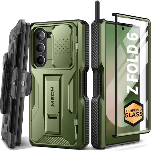 TONGATE for Z Fold 6 ケース、 [Sペンスロット＆ヒンジ保護付き］[強化ガラススクリーンプロテクター] Samsung Galaxy Z Fold 6用フルボディ軍用落下スマホケース キックスタンド＆ベルトクリップ付き、グリーン