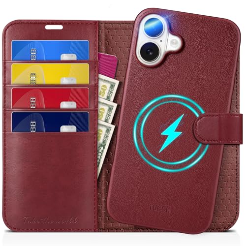 TUCCH iPhone 16 Plus 対応 ケース 手帳型 2 in 1 分離式 iPhone 16 プラス手帳型ケース 取り外し可能 [RFIDブロッキング] 4つカードポケット付き 横置きスタンド機能 衝撃吸収 全面保護 PU合皮 2024年発売 6.7インチ アイフォーン16 プラス 対応 ダークレッド