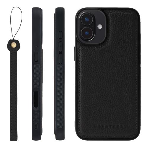 HANATORA iPhone16Plus ケース 本革 耐衝撃 バンパー型 スマホケース スマホ ストラップ 付き シュリンクレザー ギフト ブラック SPGGZ-16Plus-Black