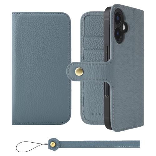 HANATORA iPhone16 ケース 手帳型 本革 スマホケース スマホ スタンド ストラップ 付き シュリンクカーフレザー ギフト ベルトなし マグネットなし ブルーグレー H0XA-16-BlueGray 父の日ギフト 父の日 ギフト 誕生日 人気商品 お父さん 服 30代 40代 50代 60代 70代