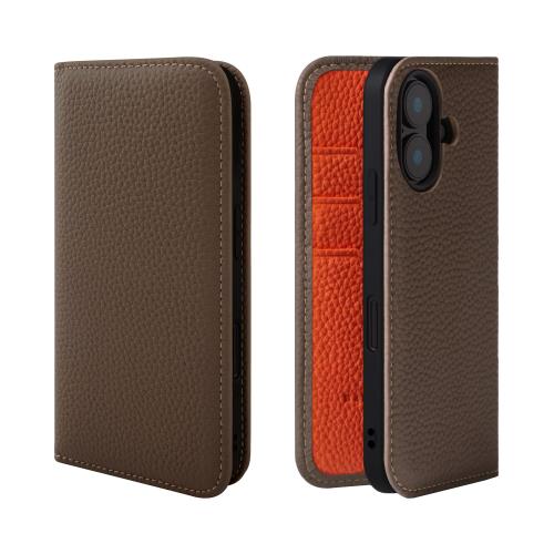 HANATORA iPhone16 ケース 手帳型 本革 スマホケース スマホ スタンド コードホルダー 付き シュリンクカーフレザー ギフト マグネットなし トープ + オレンジ PH-16-Taupe-OG 父の日ギフト 父の日 ギフト 誕生日 人気商品 お父さん 服 30代 40代 50代 60代 70代