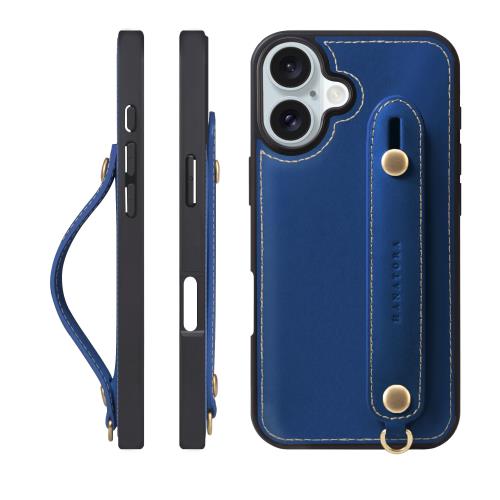HANATORA iPhone16Plus ケース 本革 耐衝撃 背面ベルト ストラップリング スマホケース スマホ スタンド機能 コードホルダー ガラスフィルム 付き オイルドレザー ギフト ブルー GH-16Plus-Blue-m
