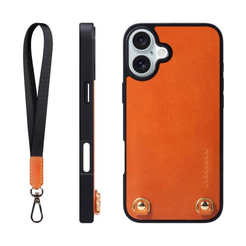 HANATORA iPhone16Plus ケース 本革 耐衝撃 ストラップリング スマホケース スマホ ハンドストラップ 付き イタリアンレザー ギフト マグネットなし オレンジ TGN-16Plus-Orange
