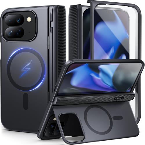 TONGATE マグネット式 Google Pixel 9 Pro Foldケーススタンド付き、[MagSafe対応] Google Pixel Fold 2 2024用スクリーンプロテクター＆ヒンジ保護内蔵頑丈Google 9Pro Foldスマホケース、ブラック