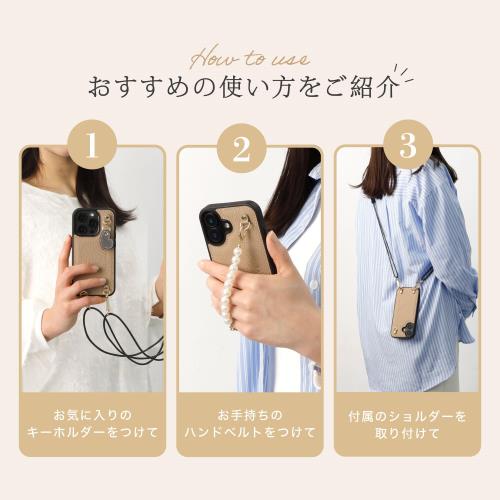 HANATORA iPhone16Promax ケース MagSafe 対応 本革 耐衝撃 バンパー型 スマホケース スマホ キーリング付き ショルダーストラップ付き シュリンクレザー ギフト マグセーフ対応 グレージュ D3GZ-16Promax-Grege_2