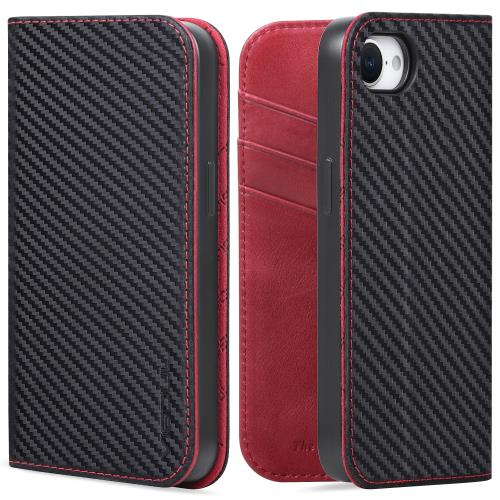 VISOUL iPhone16e 対応ケース 手帳型 本革 アイフォン16e 手帳型ケース レザー カード収納 携帯ケース 全面保護 マグネット 横置きスタンド機能付き手帳型ケース 柔軟なTPU素材 アイホン16e (ブラック・レッド「カーボンレザー」)