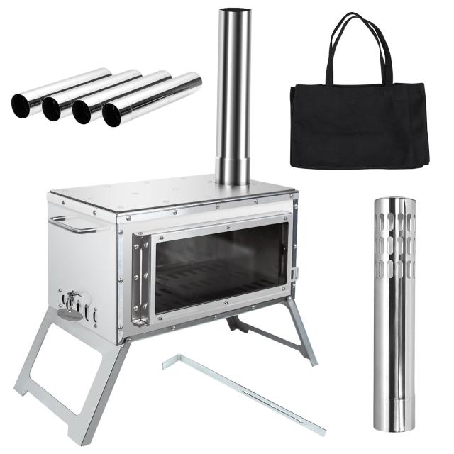 MOON LENCE 薪ストーブ 二次燃焼 耐熱ガラス窓 煙突 コンパクト キャンプストーブ テーブル暖炉 ウッドストーブ テント用 焚き火台コンロ BBQ 調理 暖炉 冬 収納袋付き