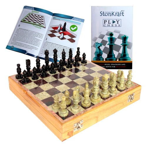 StonKraft - 10インチ x 10インチ (25 x 25 cm) チェスボード 木製ベース  ストーンインレイ  ストーンピースゲームセット (Stone Inlaid Wood Chess with Stone Chess Pieces)