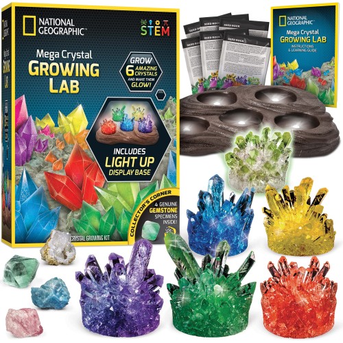 NATIONAL GEOGRAPHIC Mega Crystal Growing Lab ？ Grow 6 Vibrant Crystals, Crystals Grow Fast in 3-4 Days, Includes Light-Up Display Stand, Full-Color Learning Guide, and 4 Genuine Crystal Specimens