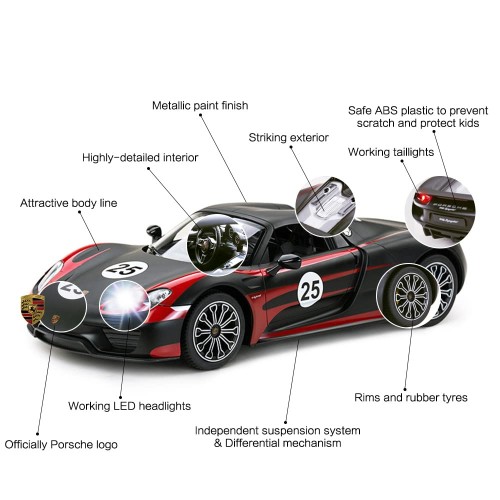 ポルシェRCモデルカー、RASTAR 1/14ポルシェ918スパイダー 玩具の自動車、ランプ点灯可能、黒・ブラック_3