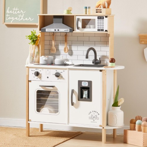 Tiny Land 子供用プレイキッチン、木製キッズプレイキッチンセット、リアルなライトと音付きのシェフごっこセット、18個のおもちゃの食べ物と調理器具アクセサリー付き