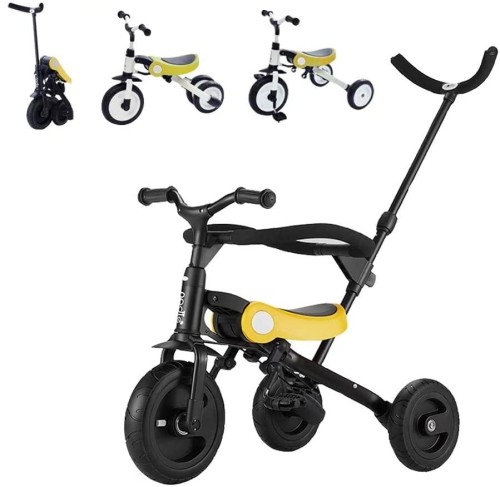 HZDMJ 3in1ベビーカー 折りたたみ三輪車 押し車 かじ付 組み立て簡単 自転車 子供用 発泡タイヤ 超軽量コンパクト 新型 便利 安全ガード付き プレゼントに最適 (イエロー)