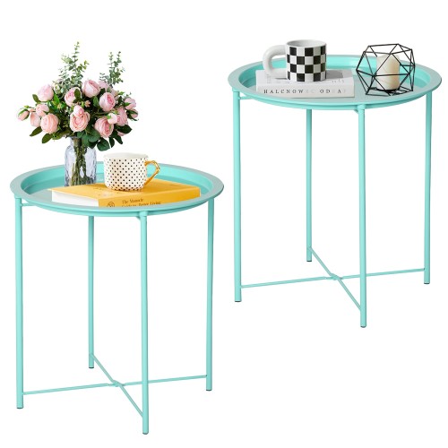 VECELO サイドテーブル トレイテーブル ソファサイドテーブル 2点セット グリーン 47×47×50.5cm 丸 北欧 おしゃれ 折りたたみ ソファ横 ベッド横 お洒落 シンプル コンパクト日本正規輸入品の通販は