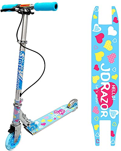 JD RAZOR  国内メーカー 組立不要でプレゼントに最適  キックボード 子供 小学生 (高さ自由調整/ハンド フット ブレーキ付き/光る LED タイヤ/折りたたみ コンパクト/軽量  頑丈 / 2輪) (ハート柄 パステルブルー)