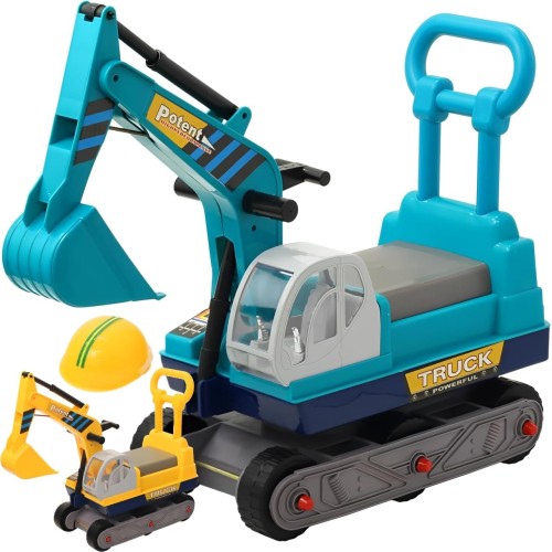 life_mart 子供用 足けり 乗用ショベルカー 乗用玩具 アーム駆動 ヘルメット付き 押して運べる取っ手付き (ブルー)
