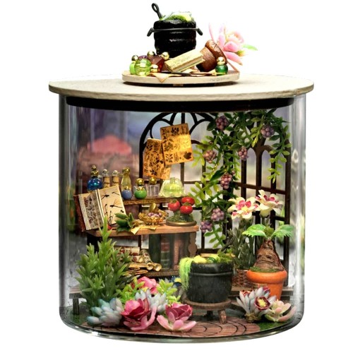 moin moin ドールハウス ミニチュア 手作りキット セット テラリウム 瓶 ドリーム ボトル 手のひらサイズ 初心者 童話 おしゃれ インテリア フラワー 花 花園 魔法 学校 ブラウン 360度 LEDライト (マジックガーデン) 2302dh378