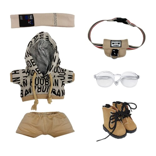 niannyyhouse　15cm ぬいぐるみ 服　ルーズ　ヒップホップセット　ヘアバンド　パーカー　ストレッチショートパンツ　バックパック　メガネ　レザーブーツ　着せ替え　綿人形服 (Brown, 15cm)