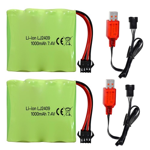 2PCS 7.4V 1000mah SM-4Pプラグ充電電池、USB充電ケーブル付き用のDE36W DE65 NO.1809 RC玩具車モデルオフロード車の坂登りドリフトレーサー電池に