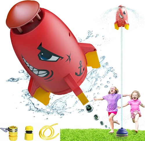 ロケットのおもちゃ スペースロケットスプリンクラー 360度回転式水噴霧器 ロケットスプリンクラーおもちゃ 屋外水遊びのおもちゃ 噴水ロケット 親子のふれあい 水圧制御高さ 3Mホース/シール/台座付き 子供の夏のおもちゃ(レッド)
