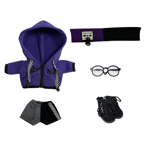 niannyyhouse　20cm ぬいぐるみ 服　ルーズ　カラーブロッキングセット　ヘアバンド　パーカー　カラーブロックショーツ　メガネ　靴　綿人形　着せ替え　ドールアクセサリー (Purple, 20cm)