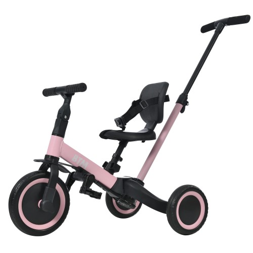 BTM 三輪車 子供用三輪車 足けりバイク 一台4役 ベビーカー かじとり 手押し棒付き 子供自転車 3輪 キッズバイク 幼児 自転車 バイク ペダル付き コントロールバー付き 乗用玩具 軽量 誕生日 1-5歳 組み立て簡単 プレゼント ピンク