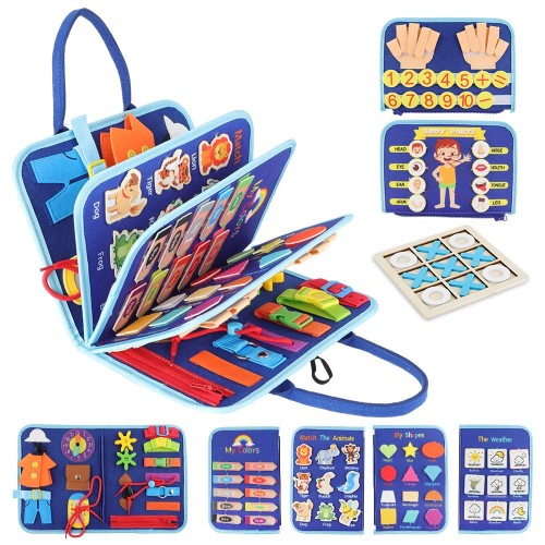 FlyCreat モンテッソーリ 玩具 おもちゃ ビジーボード 知育玩具 三目並べゲーム付き お着替えの練習 生活習慣 教具知育 学習玩具 指先訓練 幼児忙しいボード 布のおもちゃ 発達玩具 布絵本 贈り物 男の子 女の子 誕生日 クリスマス プレゼント 出産祝い ギフト (青い)