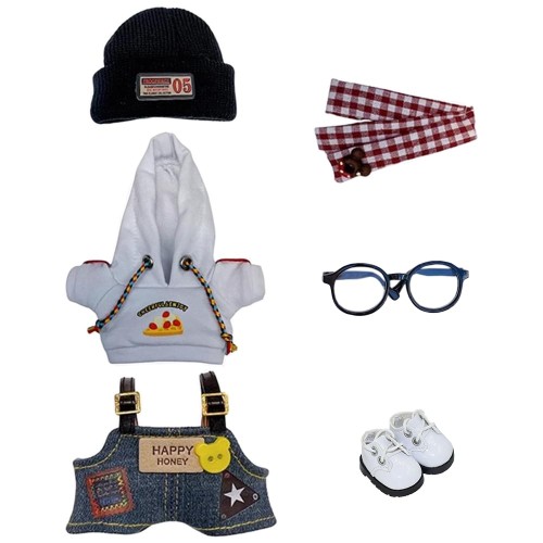 niannyyhouse　10cm ぬいぐるみ 服　チェック柄のスカーフ　ニット帽　パーカー　ビブドパンツ　メガネ　革靴　フォレストセット　綿人形　着せ替え　アクセサリー (White)