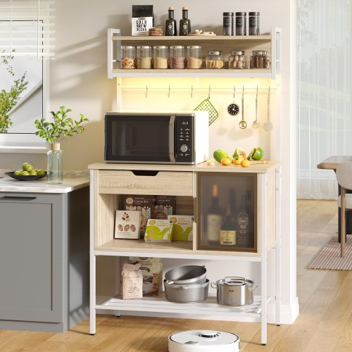 Bestier レンジ台 幅86cmレンジラック 5段式キッチンラック 大型電子レンジ対応 幅86×奥？41.6×？さ150cm 引き出し付き 扉収納 LEDライト照明Ｓ字フック付8個 省スペース（オーク）の通販は