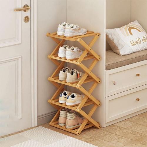 Yeziner シューズラック 玄関 スリム 靴棚 折りたたみ可能 竹製 木目調 シューズ ラック スリッパ 収納棚 省スペース コンパクト おしゃれ すき間 幅26cm 奥行26cm ひとり暮らし (原色5段)の通販は 4,745円
