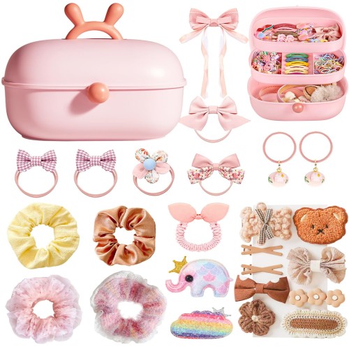 Luxureux 女の子 ヘアアクセサリーセット ヘアアクセサリー ケース 3層 キッズ 可愛い 小物入れ 3Dステッカー付き ヘアクリップ ヘアゴム 子供 おしゃれ カラフル 誕生日/クリスマス/入園式/卒園式/入学式/卒業式/子供の日/七五三/ギフト/ベビー１歳 2歳３歳４歳５歳６歳 小学