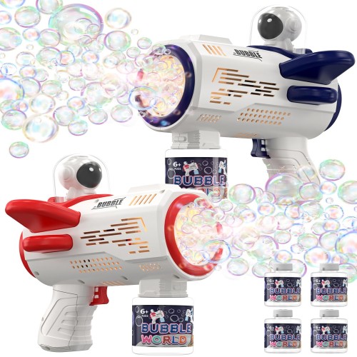Zaahir シャボン玉 電動 2個セット 宇宙飛行士 バブルガン 予備ボトル4瓶 360°液漏れ防止 6つ特大泡穴 LEDライト 自動 USB充電式 長距離発射 おもちゃ バブルガンマシン 子供 結婚式 キャンプ 外遊び 誕生日プレゼント 女の子 男の子 ギフト (青赤セット)