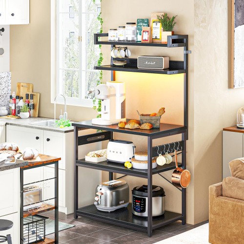 KKL キッチンラック レンジラック キッチン棚 レンジ台 キッチン収納 食器棚 5段式 棚の高さ調整可能 幅80cm 奥行40cm 高さ150cm コンセント付き USBポート付き led付き S型フック キッチン（ブラック）の通販は