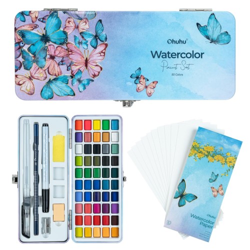 Ohuhu 固形水彩 透明 50色 水彩絵の具セット 鮮やか 絵具 画材 塗り絵 旅行 スケッチ 大人 誕生日 クリスマス プレゼント コンパクト 収納ケースと付き
