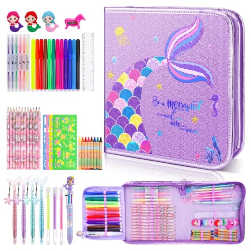 QearFunXD 56PCS お絵かきセット 塗り絵キット フルーツの香りのマーカーセット アート着色お絵かきセット マーメイド鉛筆ケース 子供のための画材キット 文房具セット 色鉛筆 クレヨン マーカー 子供のため最高な誕生日プレゼント (マーメイド)
