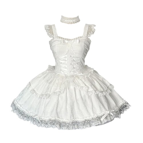 [トクとユウ] ロリータ JSK ワンピース ゴスロリ 森ガール ジャンパースカート レース 編みこみ ネックレス ミニ ゴシック風 お姫様 可愛い リボン レース 森ガール アニメ ハロウィン 学園祭 (ホワイト, S)