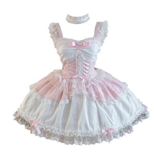 [トクとユウ] ロリータ JSK ワンピース ゴスロリ 森ガール ジャンパースカート レース 編みこみ ネックレス ミニ ゴシック風 お姫様 可愛い リボン レース 森ガール アニメ ハロウィン 学園祭 (ピンク, M)