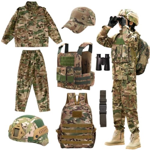 [REENEW] 陸軍特殊部隊の衣類 子供用迷彩柄シングル兵士の衣類 ヘルメット バックパック 兵士の少年 (12-13/150)