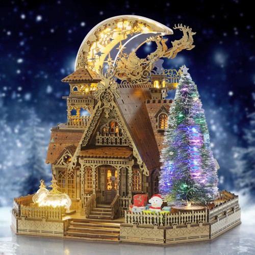 FUNPOLA 3Dパズル 木製パズル 木の模型 クリスマス小屋 DIYミニチュア 建築キット LEDライト付き 大人と子供向け ギフト 田? 説明書付き 贈り物 384PCS