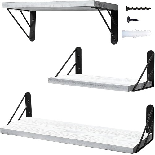 Mellbo ウォールシェルフ 壁掛け棚 ウォールラック 壁掛けラック 天然無垢材 スチール 大中小3種類の幅 奥行き15cm 3個セット ホワイトの通販は 5,045円