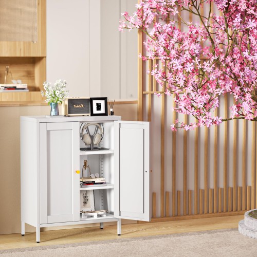 科飛亜 サイドボード 鋼製 キャビネット 扉付き リビング 収納 観音開き 調節可能な棚付き 通気孔付き おしゃれ リビングルーム、ダイニングルーム、寝室に適用 組立品 幅60cm(型押しドア, ホワイト)の通販は 13,914円