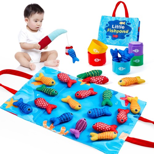 MIRAIMAX モンテッソーリ式知育玩具 22点布製釣りゲームセット＋積み重ねカップ付き 1・2・3歳向け 男女共用 多機能型合わせ＆指先訓練 赤ちゃんの早期開発に最適 色と形認識を促進 誕生日・子供の日プレゼントに最適