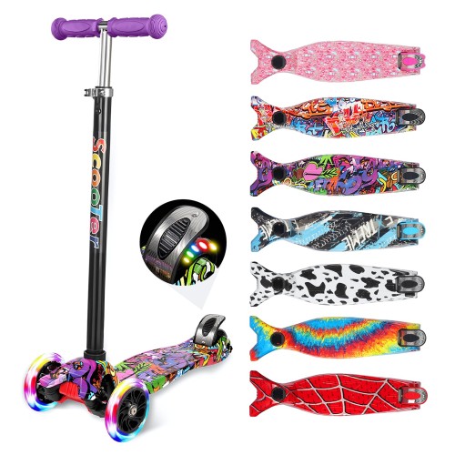LittleSo キックスクーター 三輪車 キックボード 子供用 4段階高さ調整 光るホイール LEDタイヤ 持ち運び便利 耐荷重50kg ブレーキ 男の子 女の子 誕生日 プレゼント (パープル 落書き)