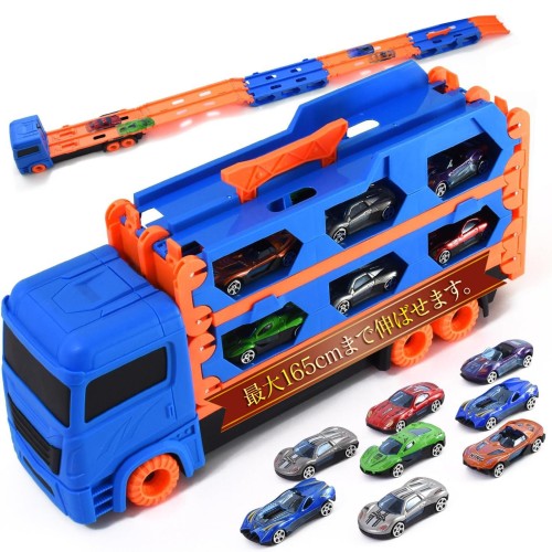 車 おもちゃ ミニカー 8個セット 「車好きの子どもが夢中になるおもちゃ！レースサーキット全長約165cm」 (ブルー)