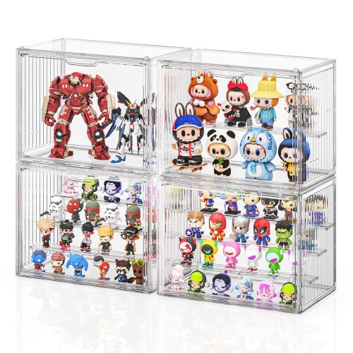 JOYZAN 透明 コレクションケース 卓上 組み立てタイプ 4個セット アクリル フィギュアケース 棚 マグネット式扉 36ｘ22ｘ27cm ショーケース 大型 ディスプレイケース 4段 取り外し可能な仕切り板 展示ボックス 防塵 汚れ防止