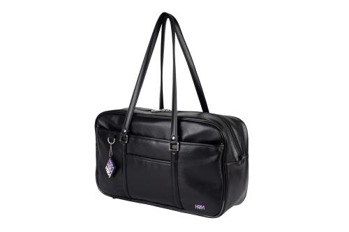 [ヘム] スクールバッグ ベスティー 高校生 女子 通学 ボストンバッグ 合皮 大容量 軽量 男女兼用 かわいい チャーム付き (ブラック×ラベンダーロゴ)