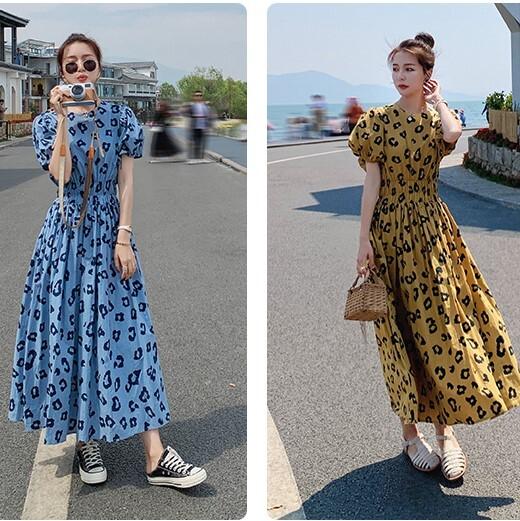 ヒョウ柄 ドレス ブルー イエロー フレアー 人気 夏 インスタ 