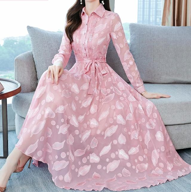 シースルー ワンピース ジャガード シースルー シャツカラー ミモレ ロング フロー 女性 ジャカードシフォン 長袖ドレス 春と夏 新しい ウエスト 痩身気質 年齢 ロングスカート ラルプリント ワンピース リーフプリント ミモレ裾丈 ミディ リゾート ワンピの通販は