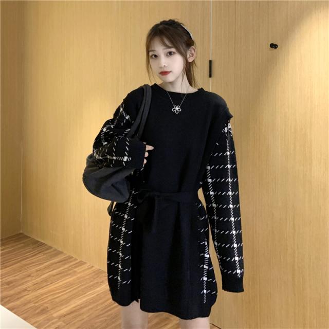 ワンピース レディース 女性用 レイヤード風 チェック柄 ショート丈 ハイネック バイカラー 長袖 袖あり 無地 カジュアル ステッチニット 春 秋 冬 フレンチ 韓国系 ワンカラー ブラック 大きいサイズ ハイウェスト Aライン ミッドスカート かわいい 大人可愛い シンプルの通販は