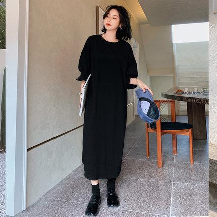 ワンピース レディース ロングスカート 袖あり 七分袖 ボリューム袖 クルーネック セミフレア Aライン 綿 ポリエステル かわいい 大人可愛い きれいめ シンプル カジュアル 大人 おしゃれ お洒落 大人可愛い 大人女子 こなれ感 ラフ ルーズ ブラック ピンク 無地 春 秋 2021の通販は