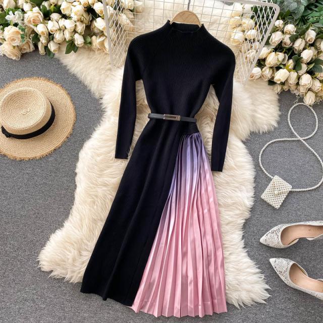 ニット ワンピース ドレス アシンメトリー ハイセンス 高見え レディース プリーツ ラウンドネック ハイネック タイト ウエストベルト グラデーション 無地 エレガント 二次会 パーティー 全2色 ブラック 黒 ブルー 青 お洒落 カワイイ 大人可愛い 大人女子 セクシー キュートの通販は